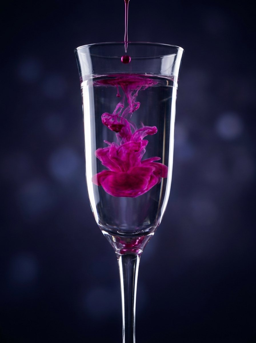 A drop of colour swirling into a tall glass of clear liquid